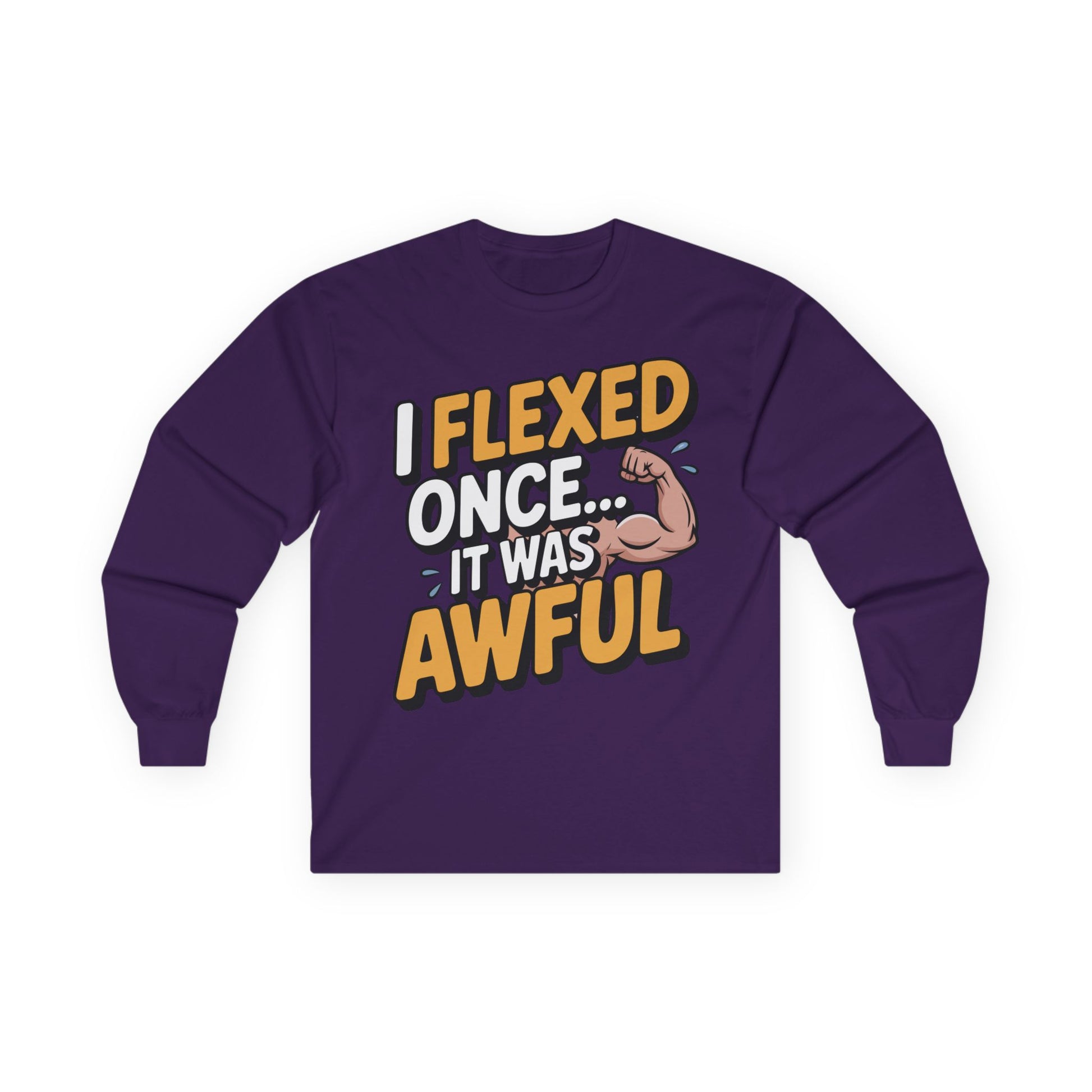 TEEZOCA fitness humor graphic long-sleeve t-shirt Purple long-sleeve shirt with humorous text design on a white background