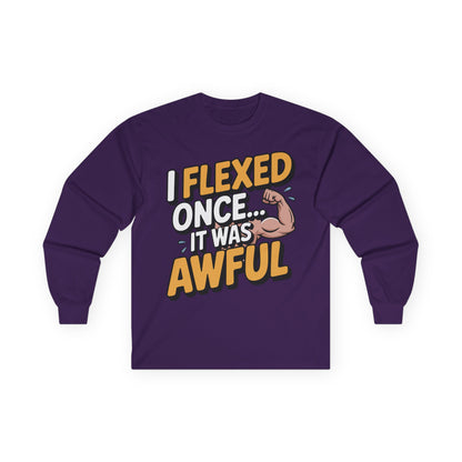 TEEZOCA fitness humor graphic long-sleeve t-shirt Purple long-sleeve shirt with humorous text design on a white background