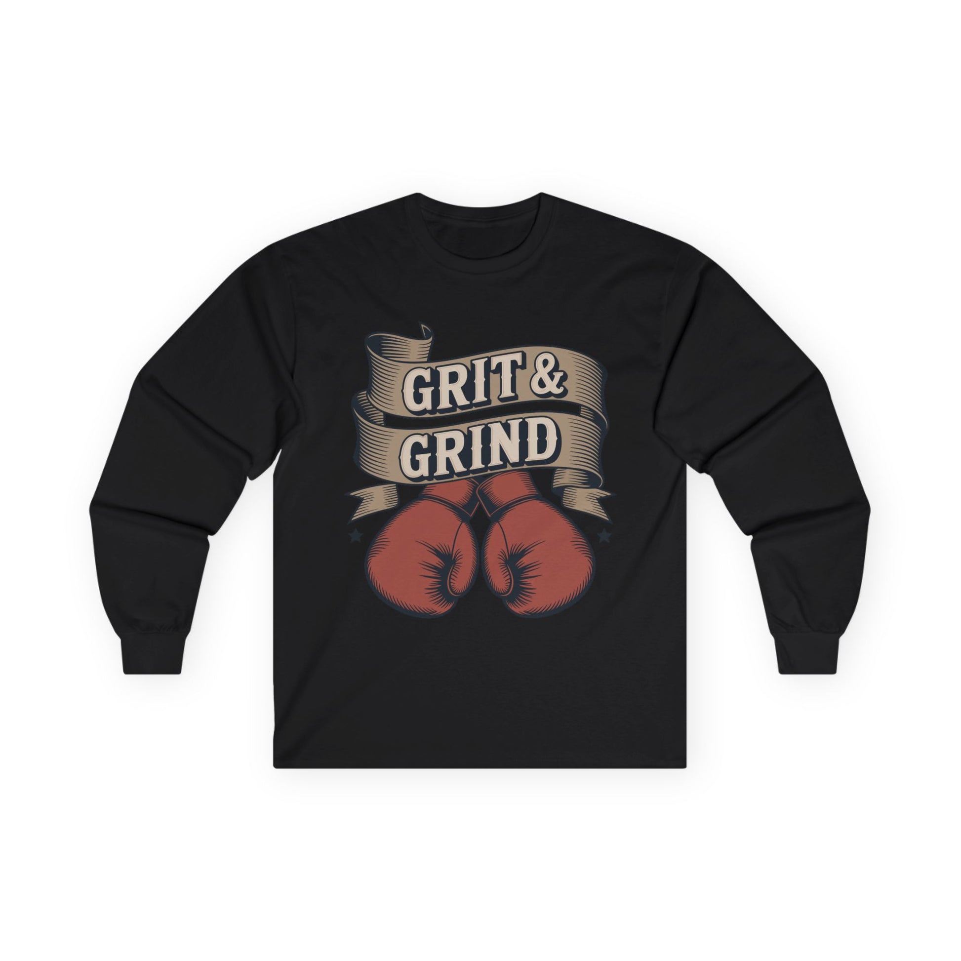 TEEZOCA fitness hustle grit and grind long-sleeve t-shirt Black long-sleeve shirt with red boxing gloves and 'Grit & Grind' text on a white background
