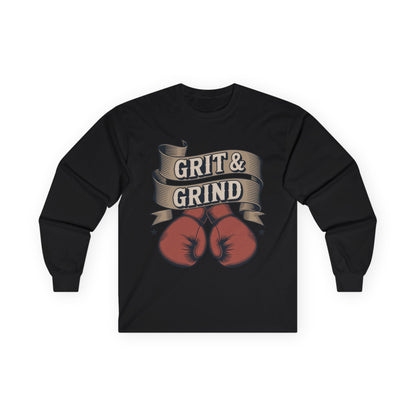 TEEZOCA fitness hustle grit and grind long-sleeve t-shirt Black long-sleeve shirt with red boxing gloves and 'Grit & Grind' text on a white background
