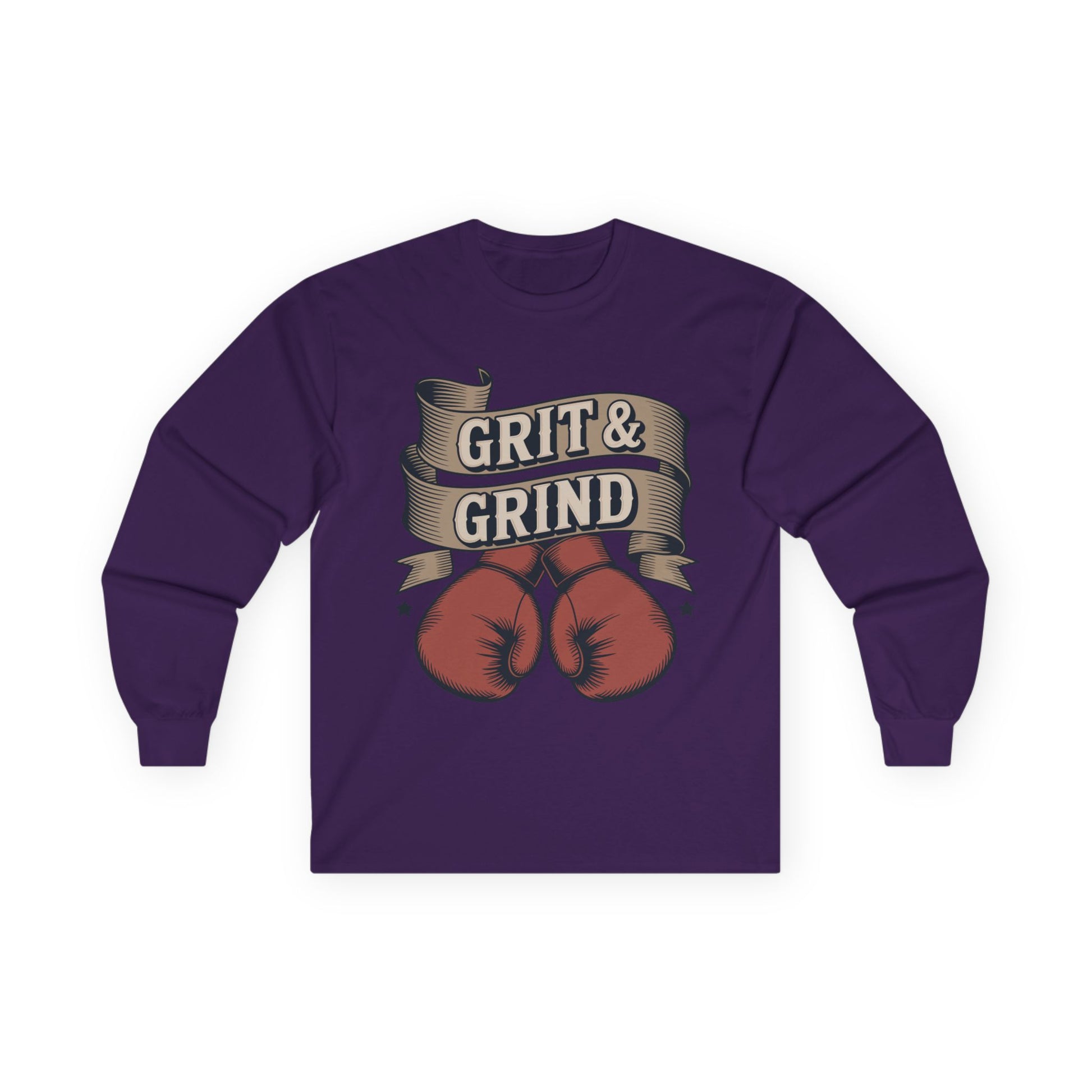 TEEZOCA fitness hustle grit and grind long-sleeve t-shirt Purple long-sleeve shirt with boxing gloves and 'Grit & Grind' text on a white background