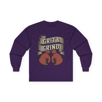 TEEZOCA fitness hustle grit and grind long-sleeve t-shirt Purple long-sleeve shirt with boxing gloves and 'Grit & Grind' text on a white background
