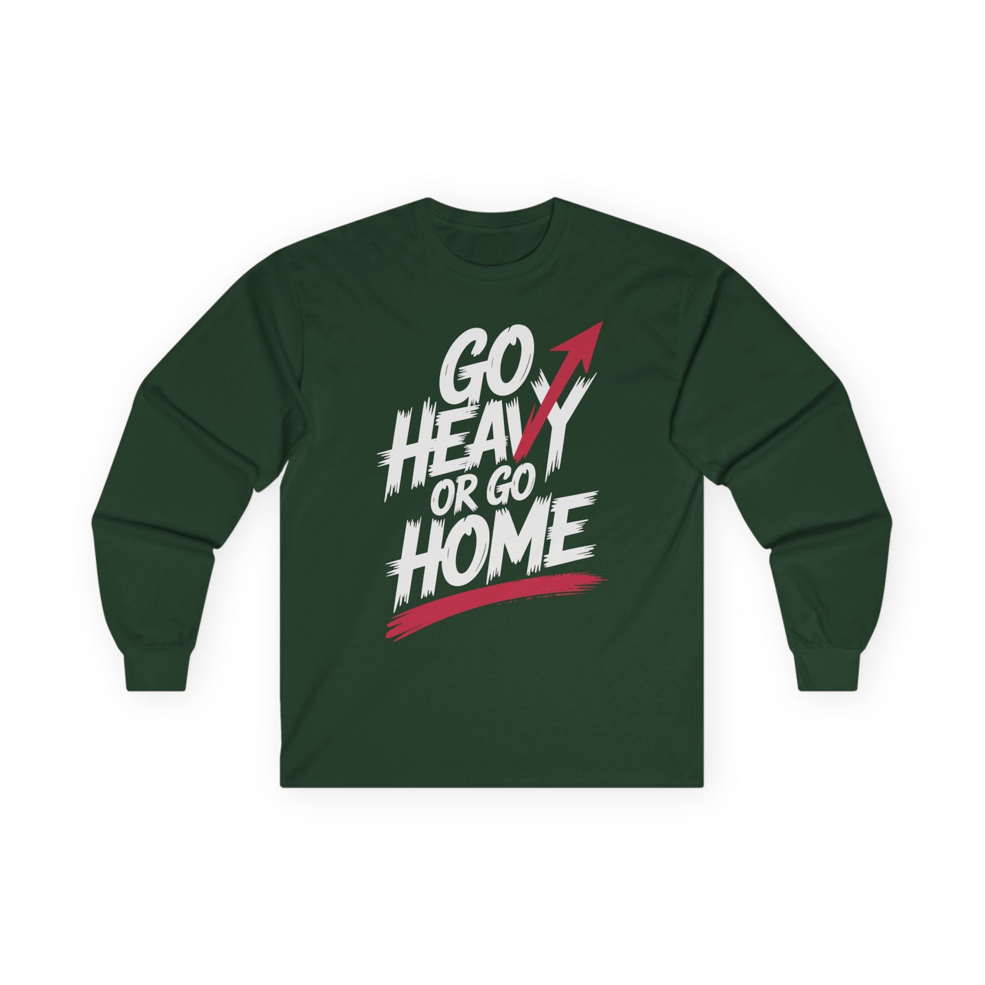 TEEZOCA fitness motivation slogan long-sleeve shirt Green long-sleeve shirt with 'Go Heavy or Go Home' text on a white background