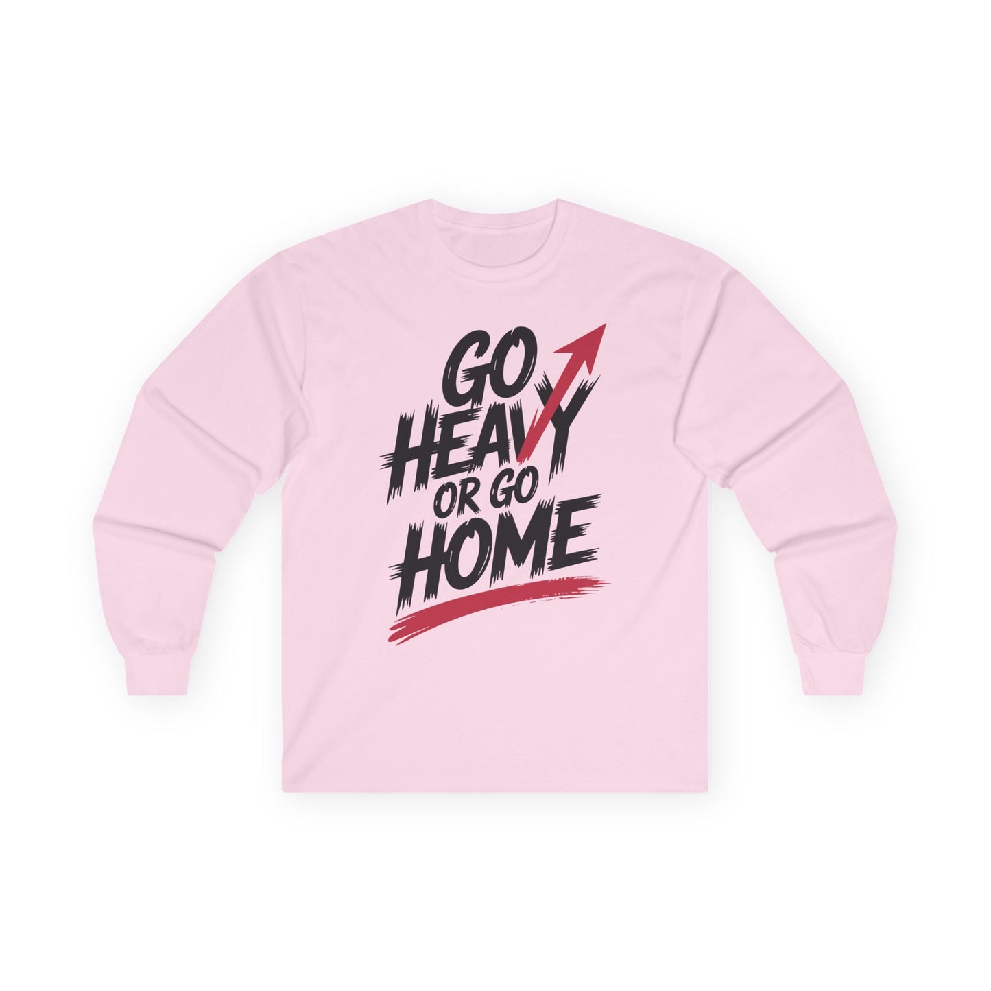 TEEZOCA fitness motivation slogan long-sleeve shirt Pink sweatshirt with 'Go Heavy or Go Home' text on a white background