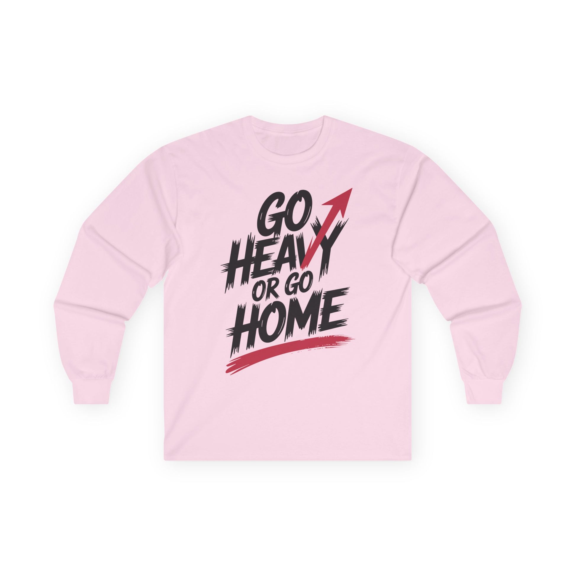 TEEZOCA fitness motivation slogan long-sleeve shirt Pink sweatshirt with 'Go Heavy or Go Home' text on a white background