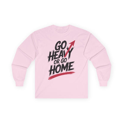 TEEZOCA fitness motivation slogan long-sleeve shirt Pink sweatshirt with 'Go Heavy or Go Home' text on a white background