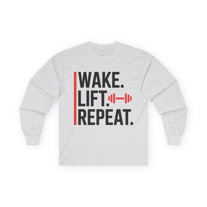 TEEZOCA fitness routine quote unisex long-sleeve tee Gray sweatshirt with 'Wake. Lift. Repeat.' text on a white background