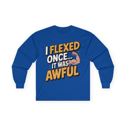 TEEZOCA flex humor fitness long-sleeve shirt Blue long-sleeve shirt with humorous text design on a white background