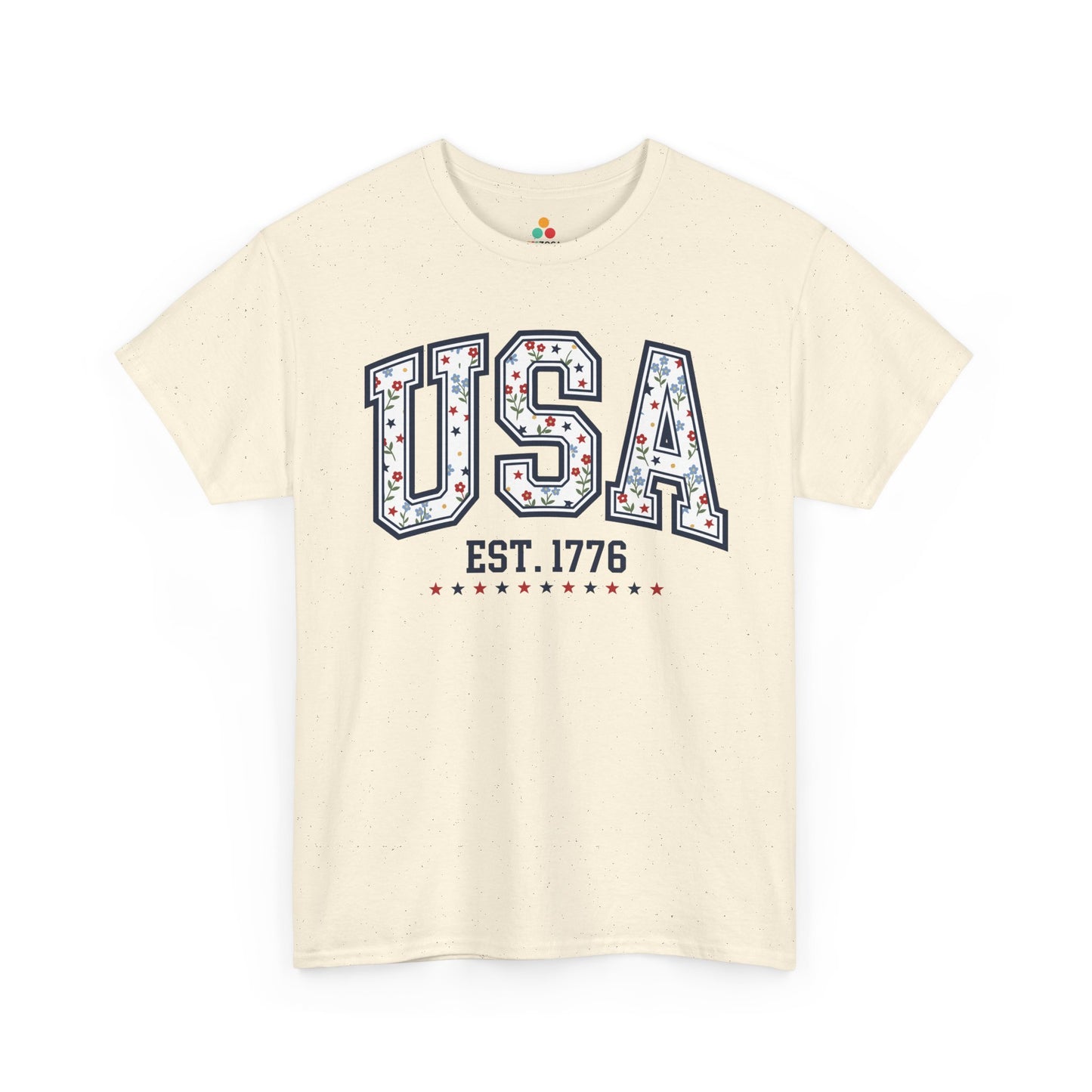 TEEZOCA floral 4th of july shirt t-shirt featuring cute American flag shirt energy, flowers, stars, and established 1776 text.
