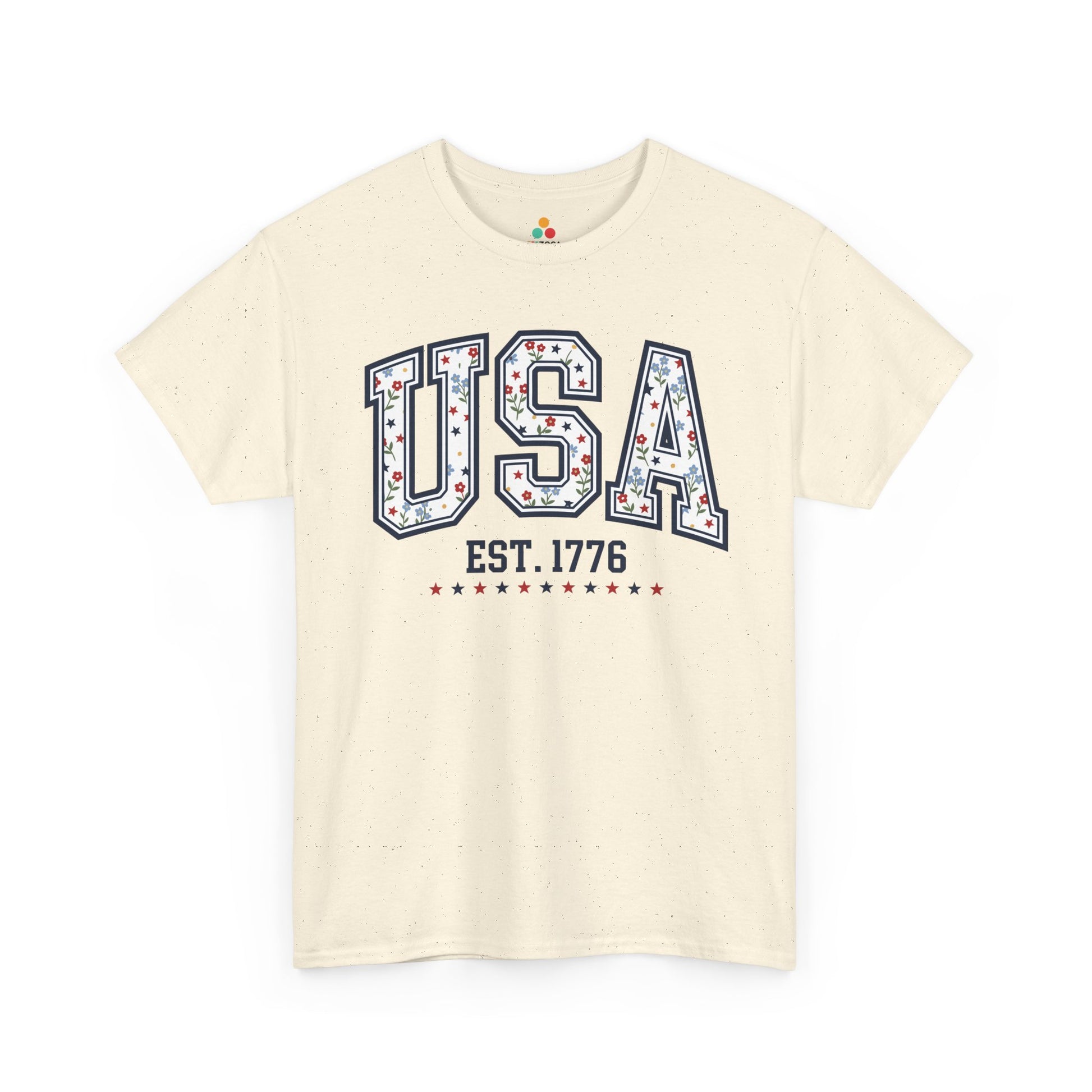 TEEZOCA floral 4th of july shirt t-shirt featuring cute American flag shirt energy, flowers, stars, and established 1776 text.
