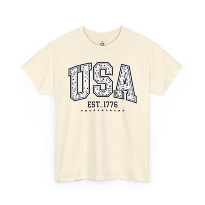 TEEZOCA floral 4th of july shirt t-shirt featuring cute American flag shirt energy, flowers, stars, and established 1776 text.
