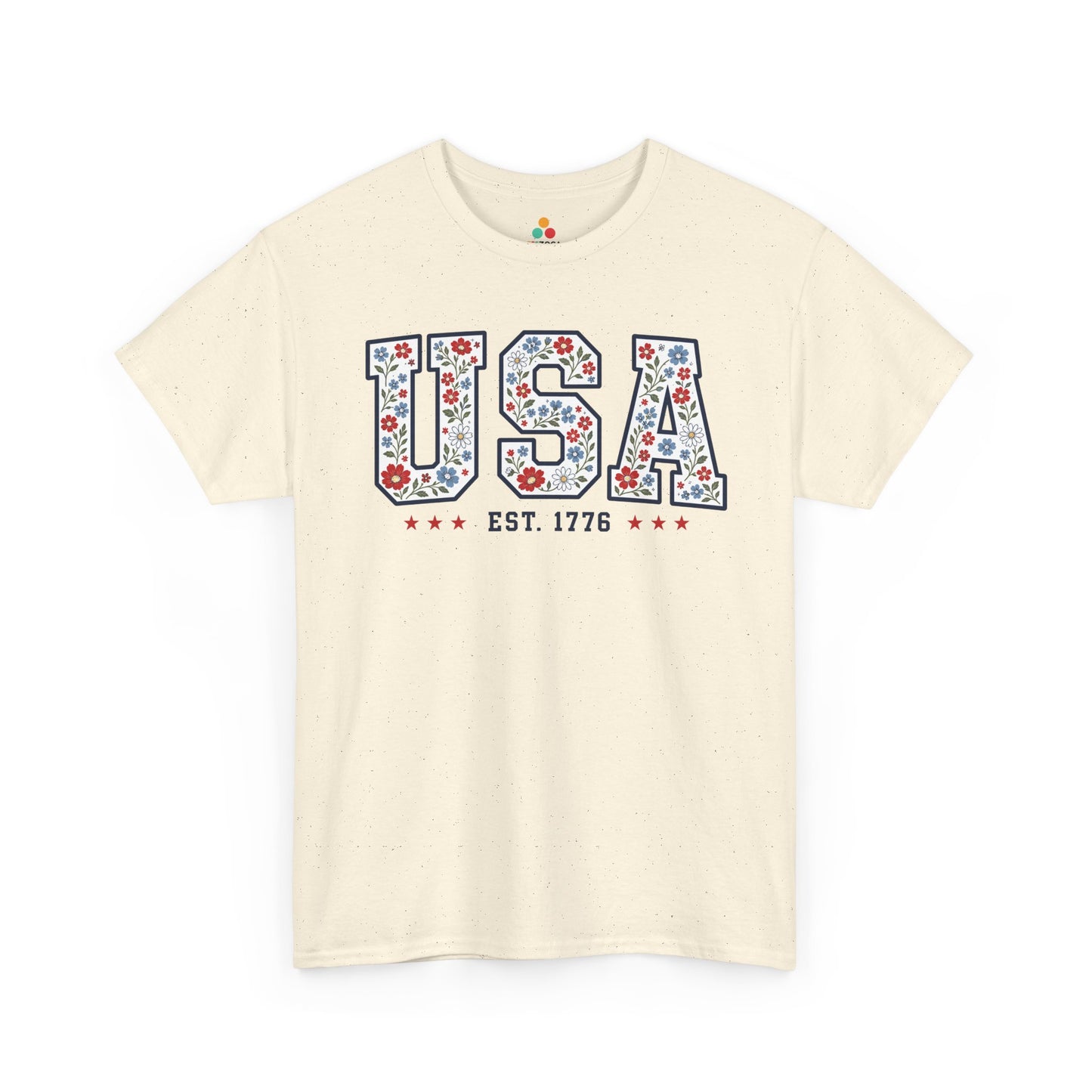 TEEZOCA floral 4th of july shirt t-shirt with usa floral shirt artwork, red stars, and established 1776 message.
