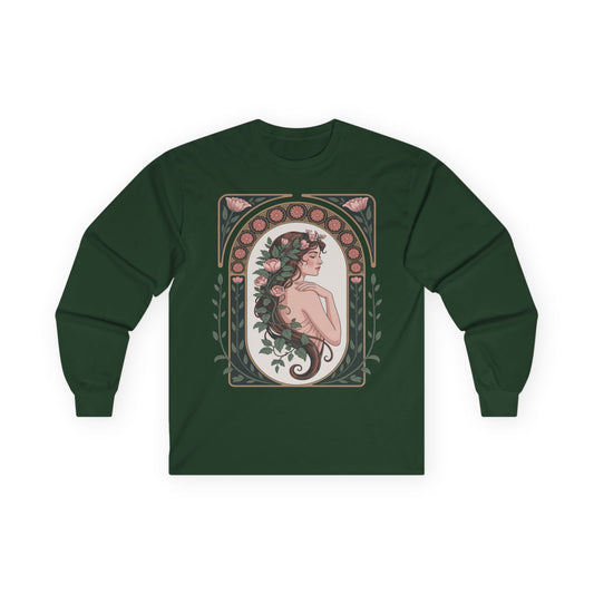 TEEZOCA floral art nouveau muse illustration on unisex long-sleeve t-shirt Green long-sleeve shirt with a woman's silhouette and floral design on a white background