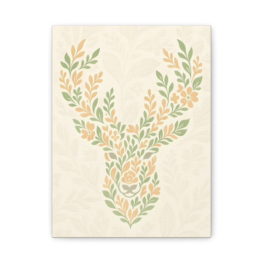 TEEZOCA floral deer silhouette canvas print shown flat with leaves and flowers.