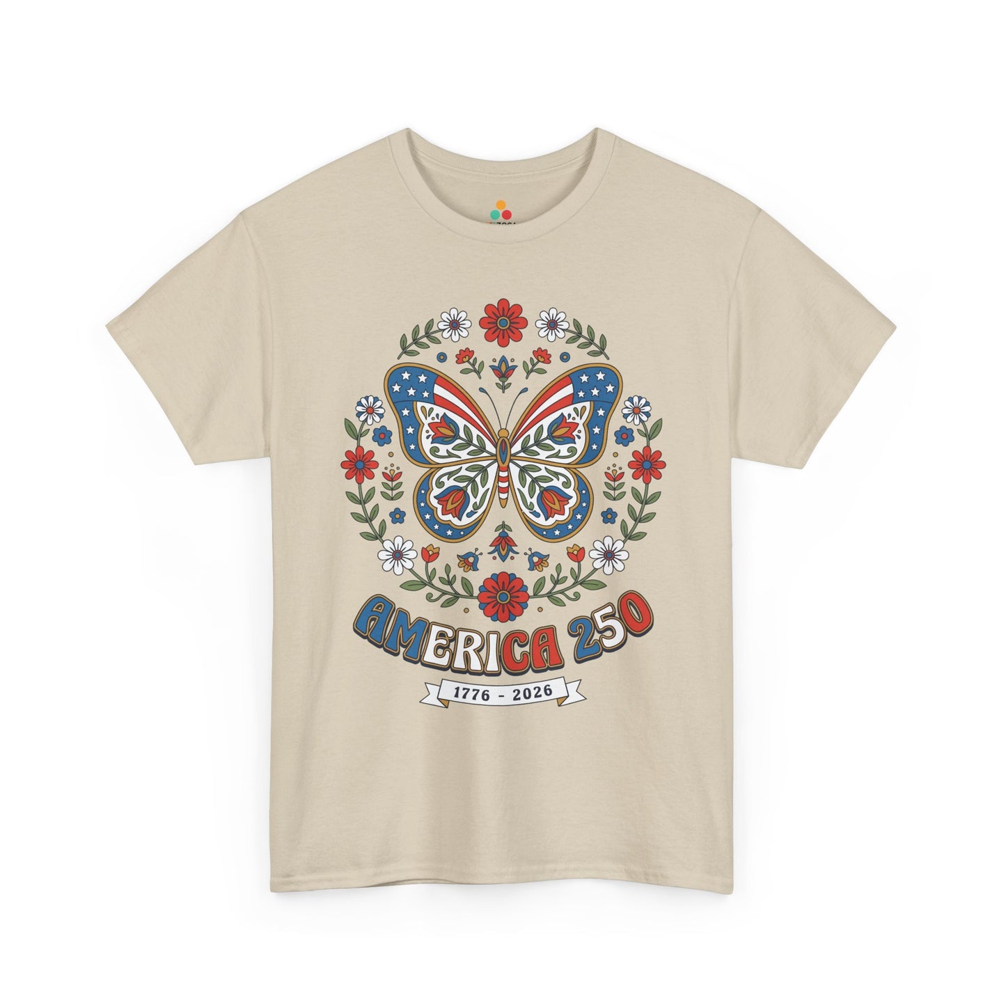 TEEZOCA floral patriotic shirt women t-shirt showing a boho patriotic shirt butterfly, botanical wreath, and rich red blue gold palette.
