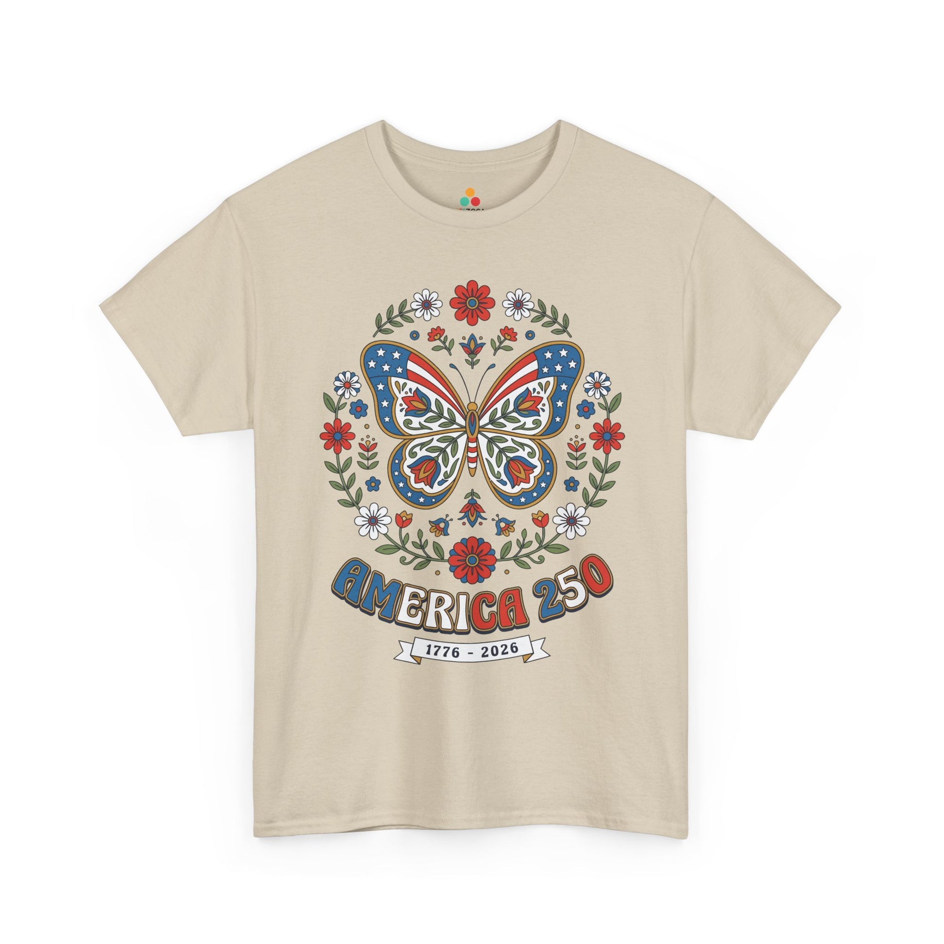 TEEZOCA floral patriotic shirt women t-shirt showing a boho patriotic shirt butterfly, botanical wreath, and rich red blue gold palette.
