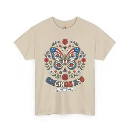 TEEZOCA floral patriotic shirt women t-shirt showing a boho patriotic shirt butterfly, botanical wreath, and rich red blue gold palette.
