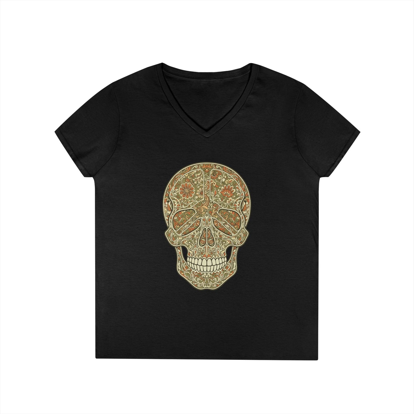 Floral Peace Skull Art V-Neck T-Shirt Retro Aesthetic Statement Tee | TEEZOCA 