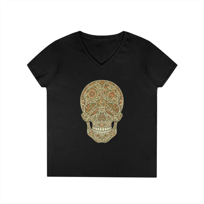 Floral Peace Skull Art V-Neck T-Shirt Retro Aesthetic Statement Tee | TEEZOCA 