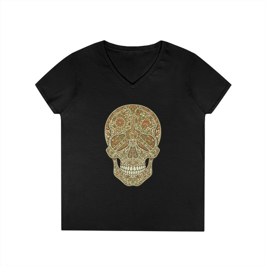 Floral Peace Skull Art V-Neck T-Shirt Retro Aesthetic Statement Tee | TEEZOCA 