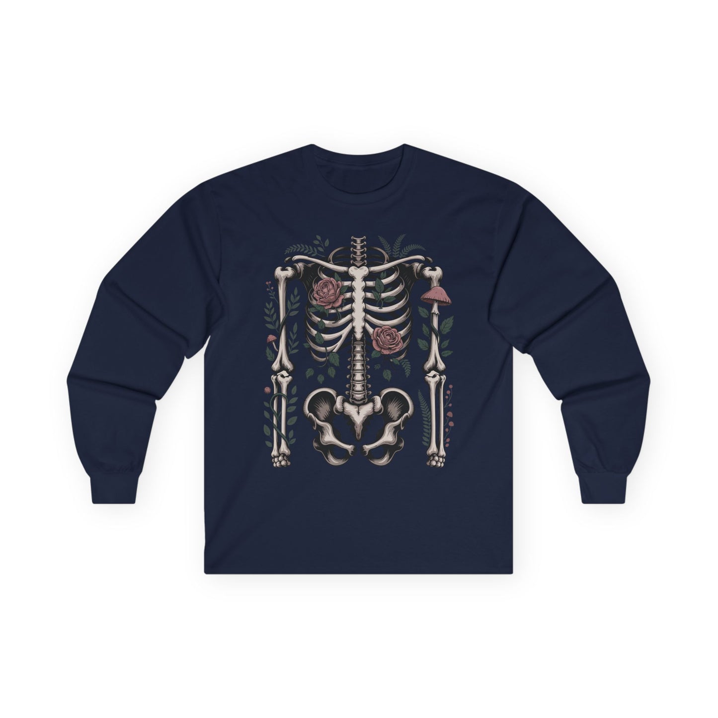 TEEZOCA floral skeleton artwork on unisex long-sleeve t-shirt Navy blue long-sleeve shirt with a skeleton design on a white background