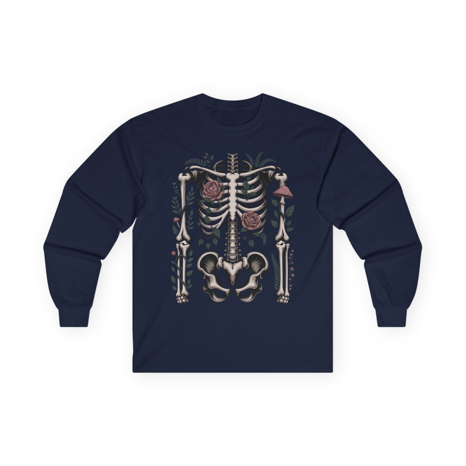 TEEZOCA floral skeleton artwork on unisex long-sleeve t-shirt Navy blue long-sleeve shirt with a skeleton design on a white background