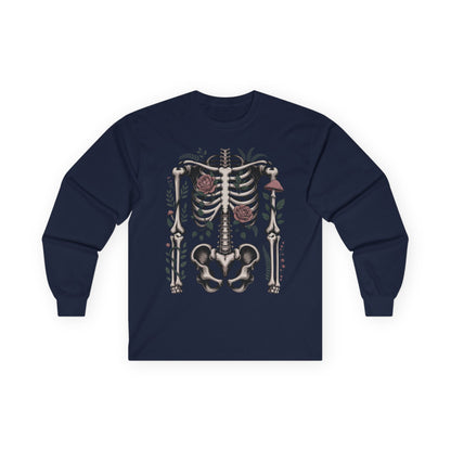 TEEZOCA floral skeleton artwork on unisex long-sleeve t-shirt Navy blue long-sleeve shirt with a skeleton design on a white background