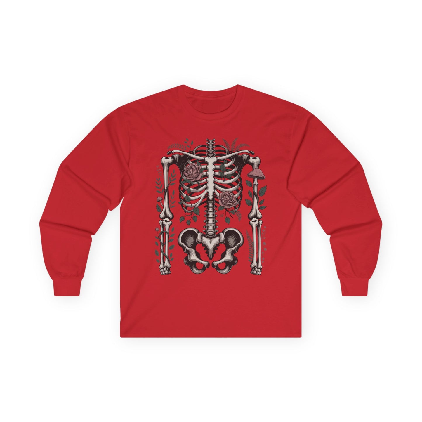 TEEZOCA floral skeleton artwork on unisex long-sleeve t-shirt Red long-sleeve shirt with a skeleton design on a white background
