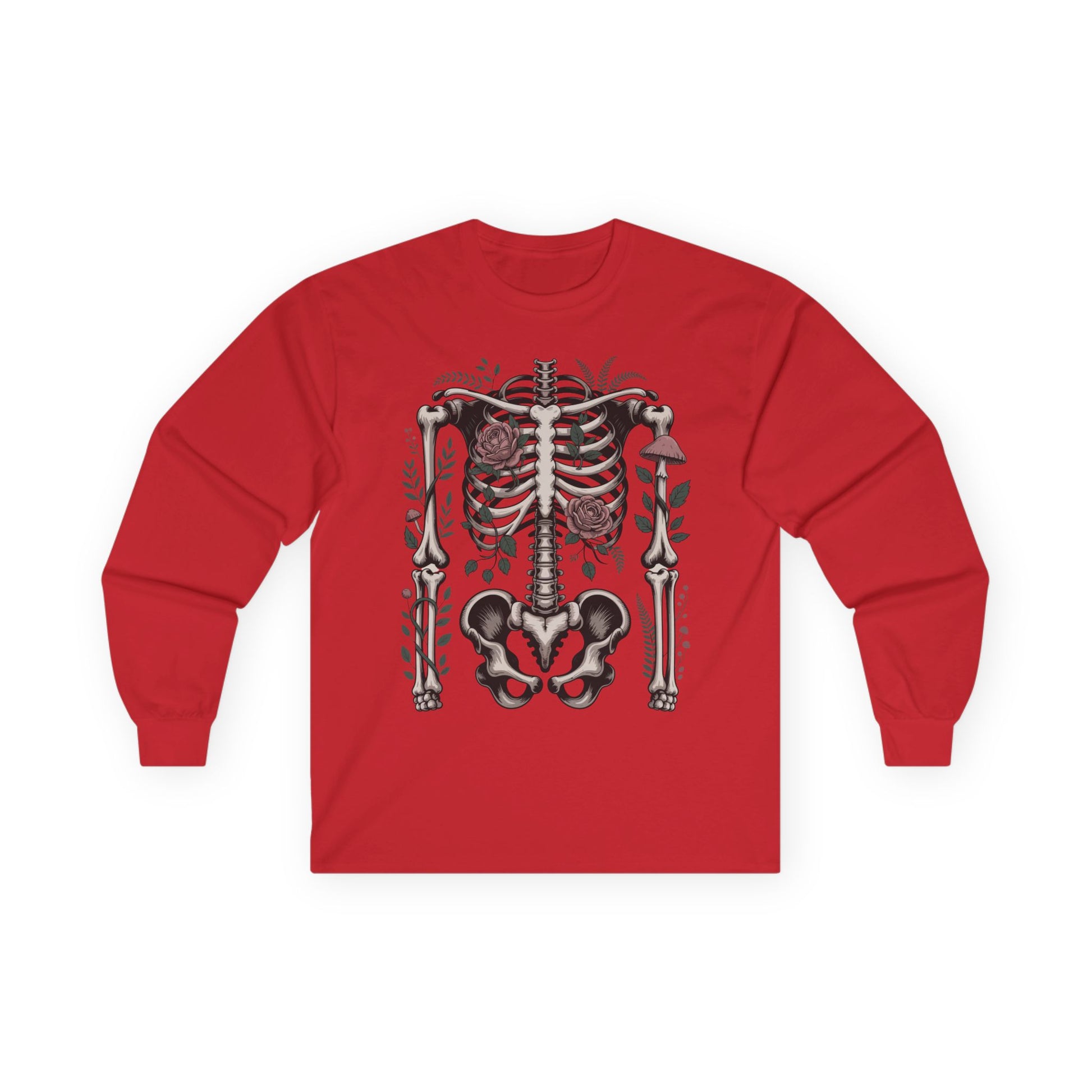 TEEZOCA floral skeleton artwork on unisex long-sleeve t-shirt Red long-sleeve shirt with a skeleton design on a white background