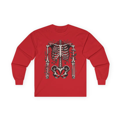 TEEZOCA floral skeleton artwork on unisex long-sleeve t-shirt Red long-sleeve shirt with a skeleton design on a white background