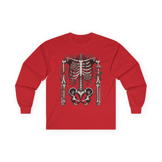 TEEZOCA floral skeleton artwork on unisex long-sleeve t-shirt Red long-sleeve shirt with a skeleton design on a white background