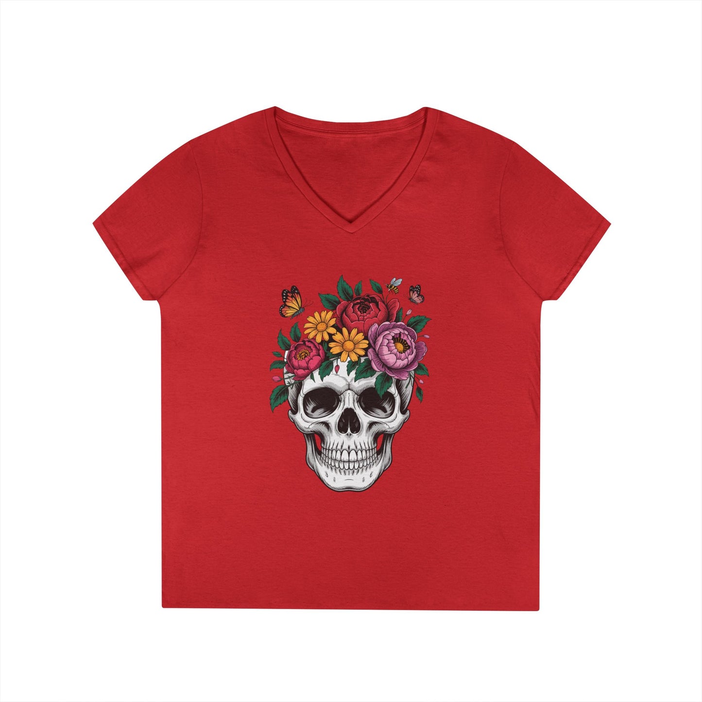 Floral Skull Botanical Art V-Neck T-Shirt for Women | TEEZOCA 