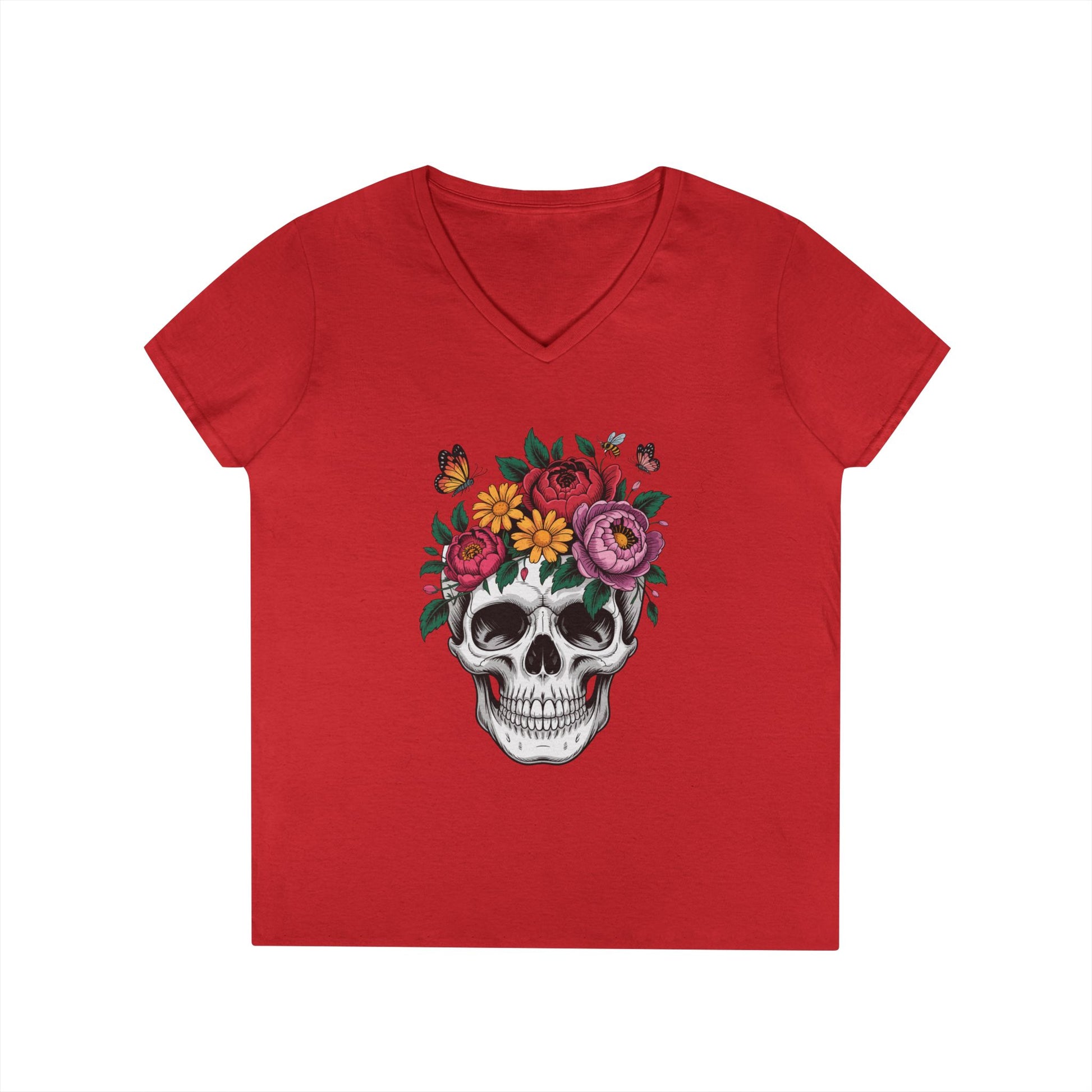 Floral Skull Botanical Art V-Neck T-Shirt for Women | TEEZOCA 
