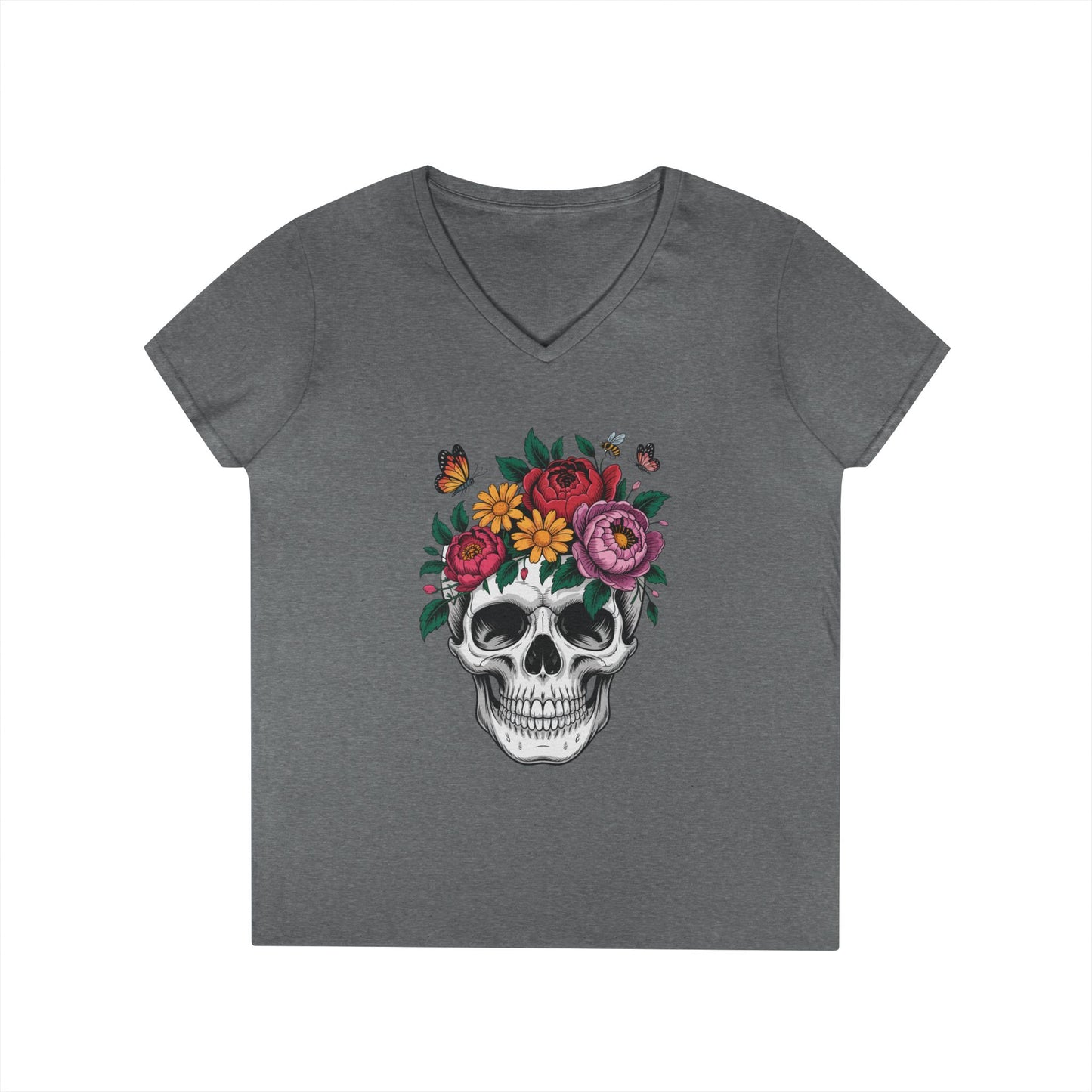 Floral Skull Botanical Art V-Neck T-Shirt for Women | TEEZOCA 