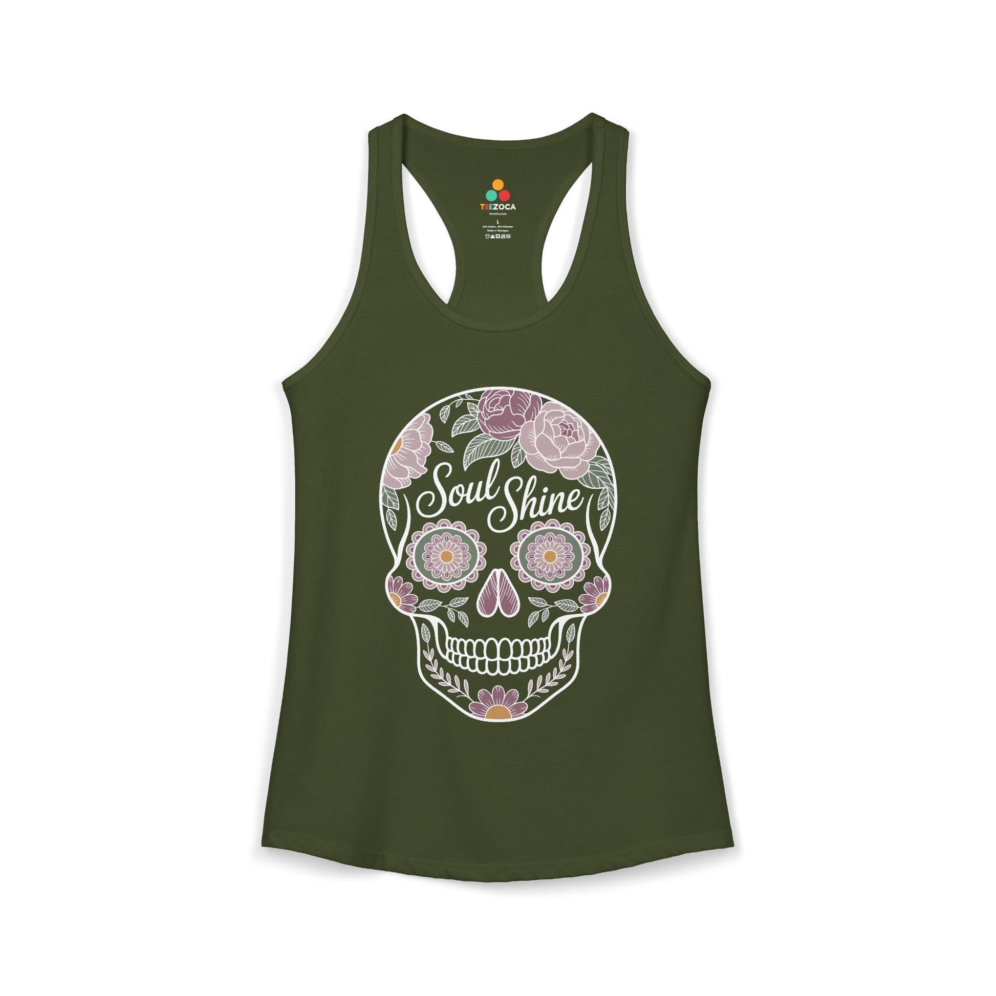 TEEZOCA floral skull women’s tank top Soul Shine design Green tank top with a colorful skull design and 'Soul Shine' text on a white background