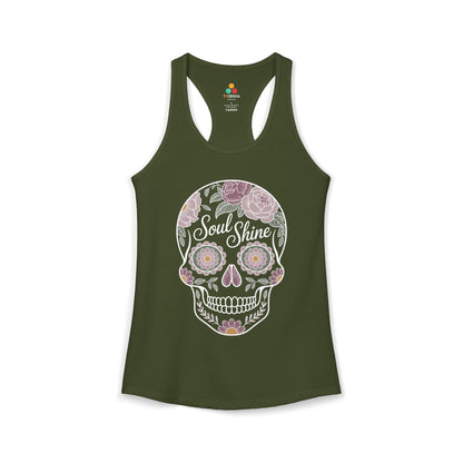 TEEZOCA floral skull women’s tank top Soul Shine design Green tank top with a colorful skull design and 'Soul Shine' text on a white background