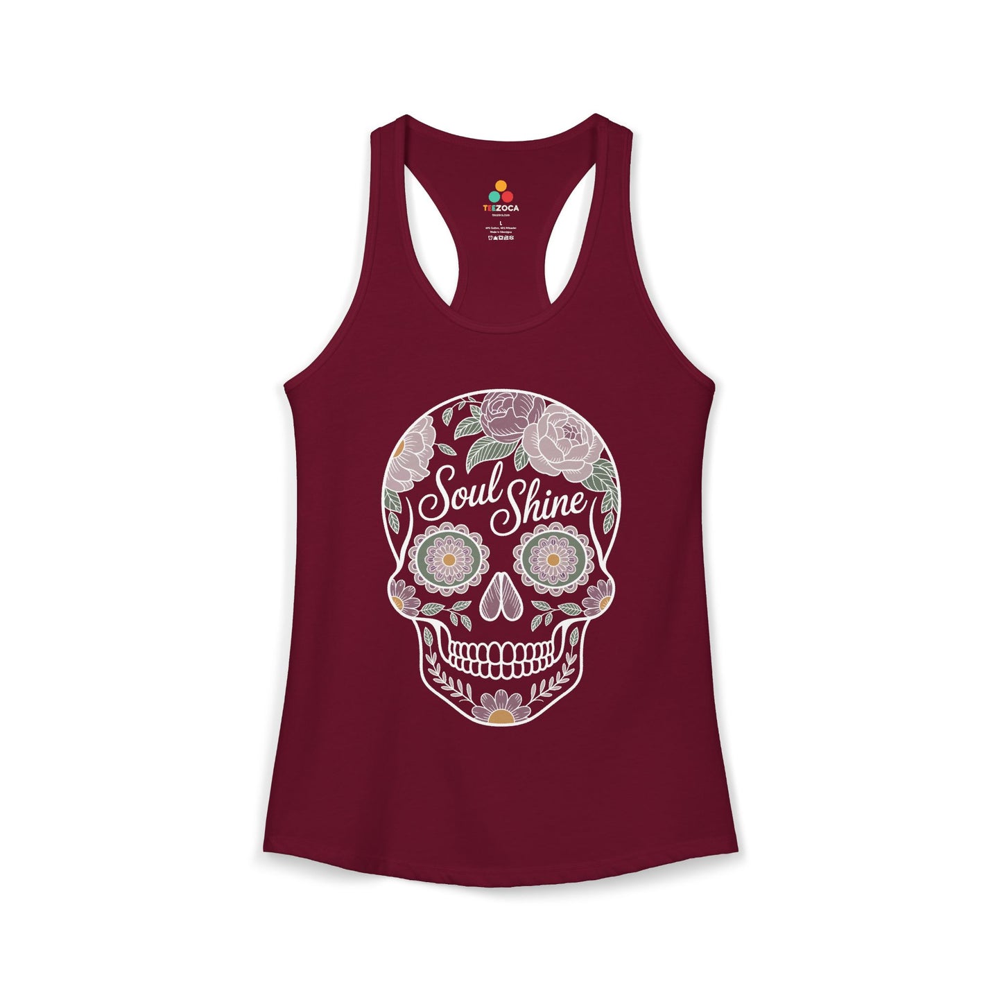 TEEZOCA floral skull women’s tank top Soul Shine design Maroon tank top with a skull design and 'Soul Shine' text on a white background