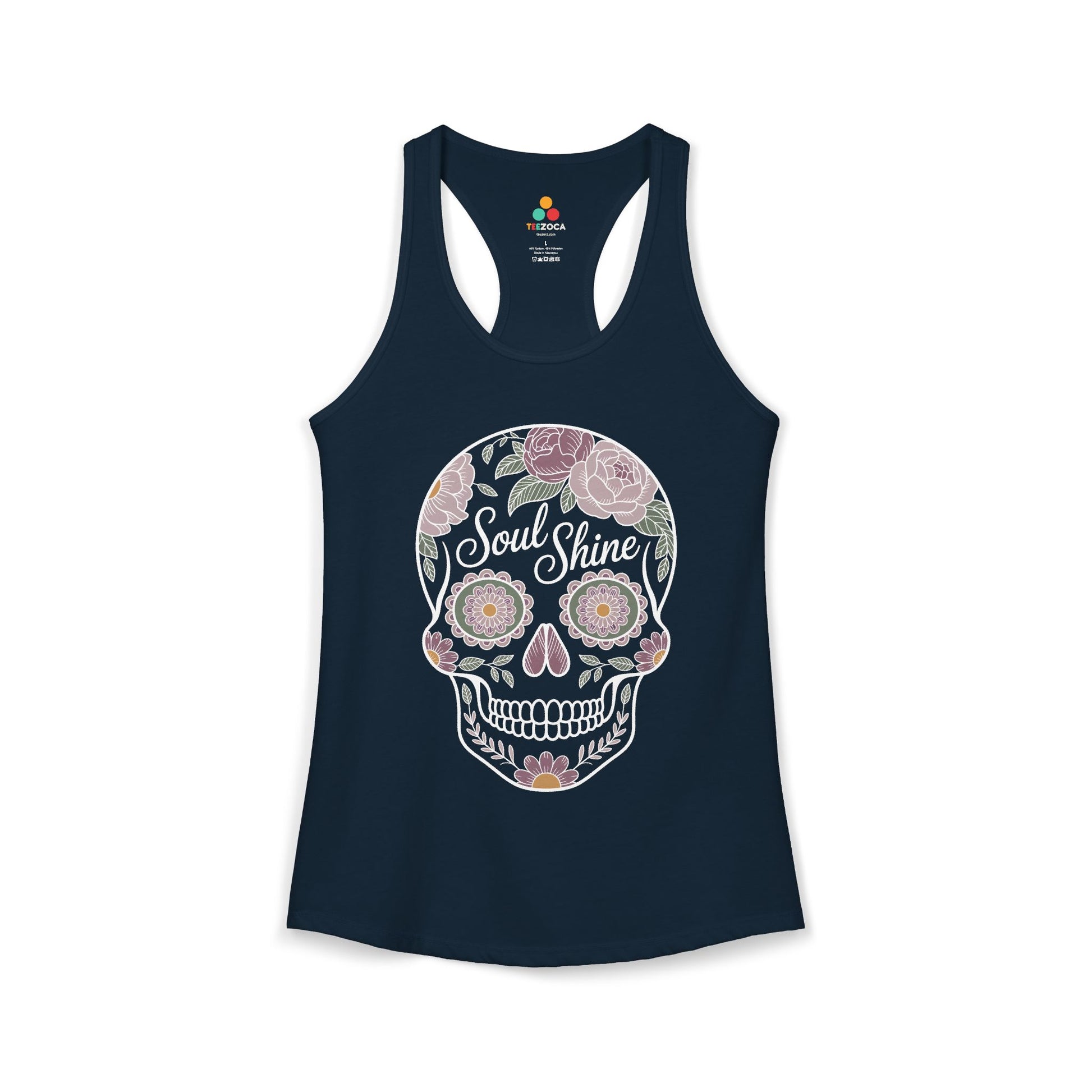 TEEZOCA floral skull women’s tank top Soul Shine design Navy tank top with floral skull design and 'Soul Shine' text on a white background