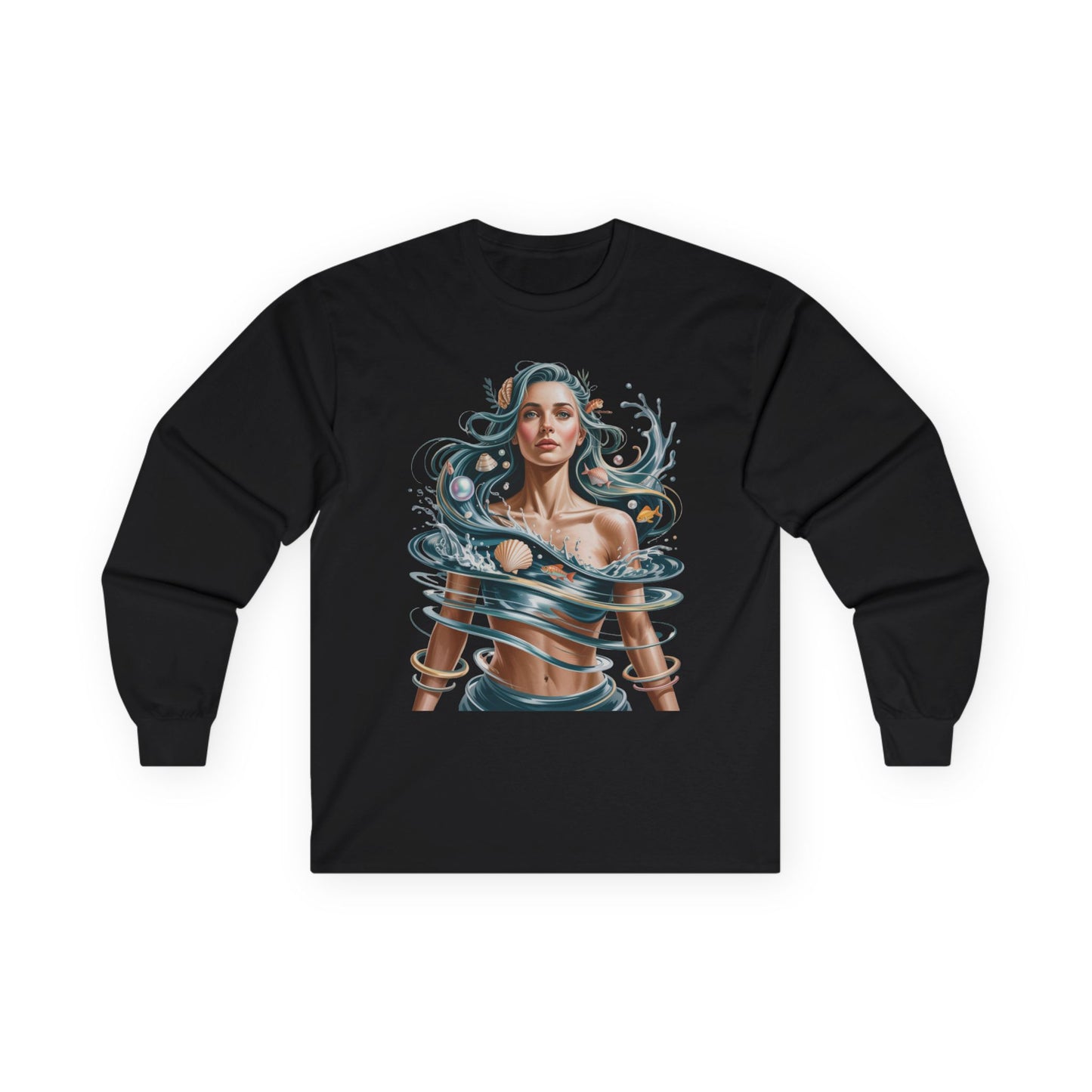 TEEZOCA flowing ocean portrait art unisex long-sleeve t-shirt Black long-sleeve shirt with a graphic design of a woman with water elements on a white background