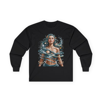 TEEZOCA flowing ocean portrait art unisex long-sleeve t-shirt Black long-sleeve shirt with a graphic design of a woman with water elements on a white background