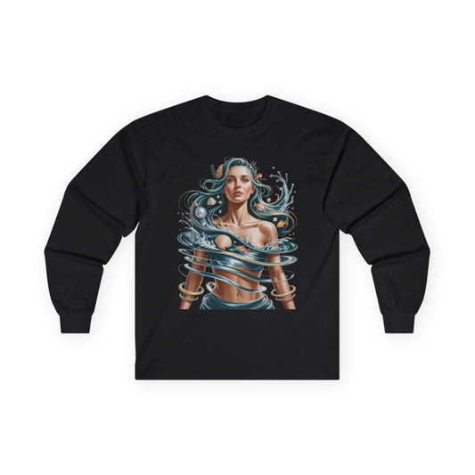 TEEZOCA flowing ocean portrait art unisex long-sleeve t-shirt Black long-sleeve shirt with a graphic design of a woman with water elements on a white background