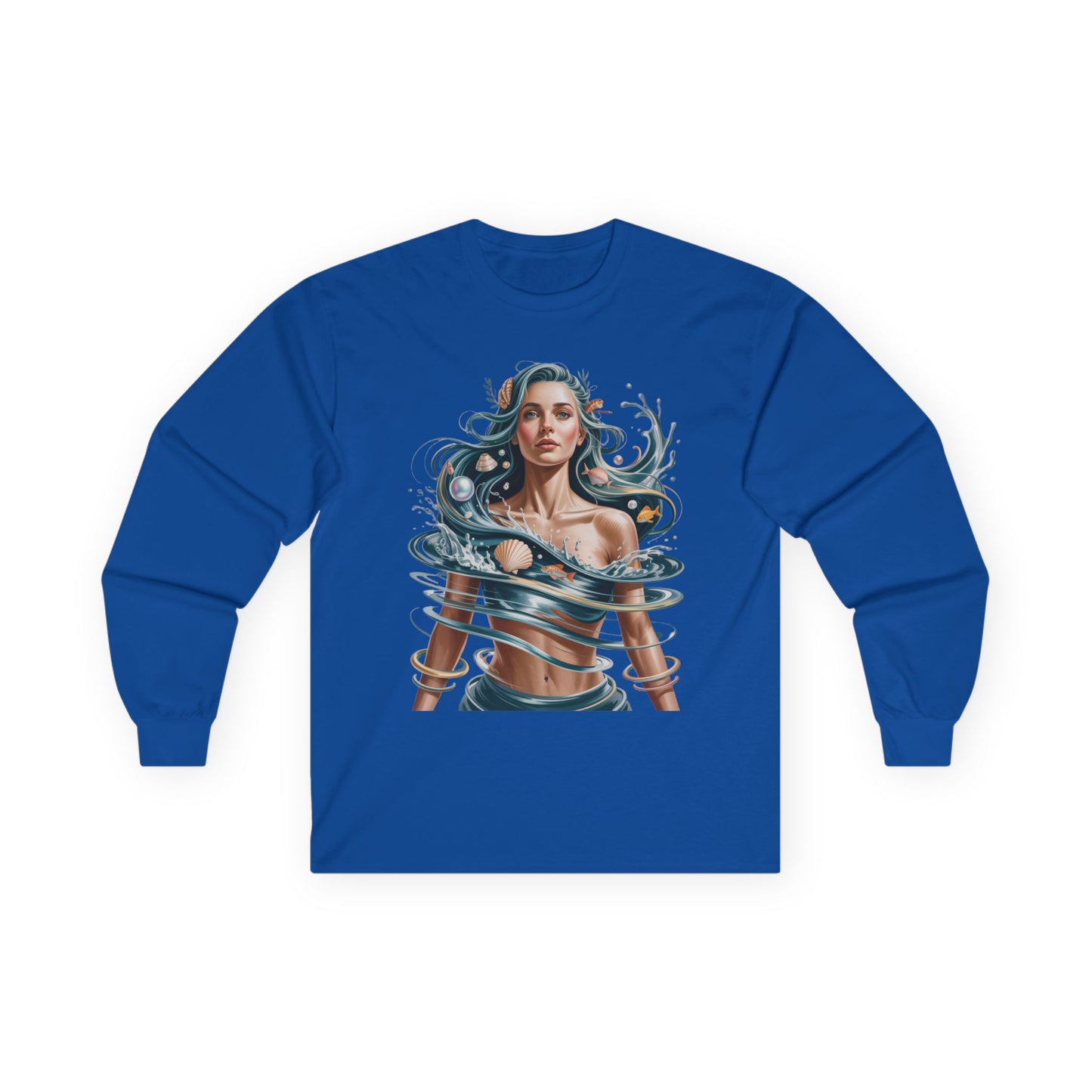 TEEZOCA flowing ocean portrait art unisex long-sleeve t-shirt Blue long-sleeve shirt with a graphic design of a woman and waves on a white background