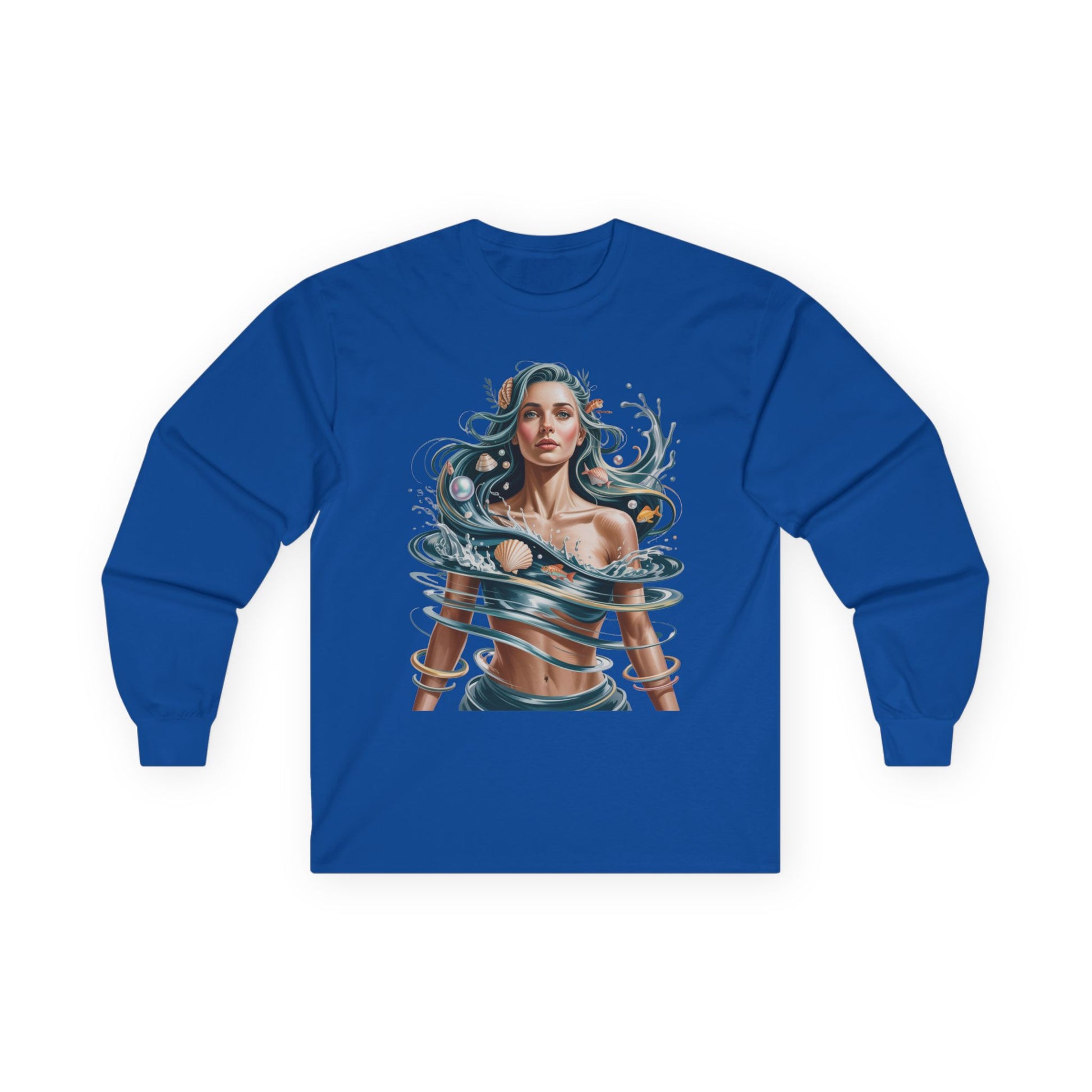 TEEZOCA flowing ocean portrait art unisex long-sleeve t-shirt Blue long-sleeve shirt with a graphic design of a woman and waves on a white background