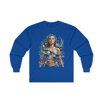 TEEZOCA flowing ocean portrait art unisex long-sleeve t-shirt Blue long-sleeve shirt with a graphic design of a woman and waves on a white background