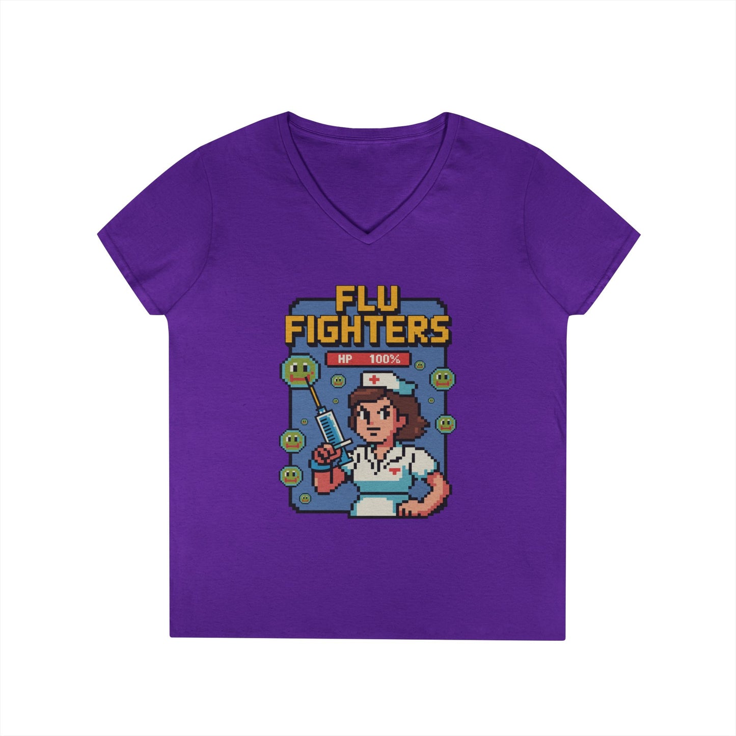 Flu Fighters V-Neck T-Shirt Retro Gamer Nurse Humor Statement Tee | TEEZOCA 