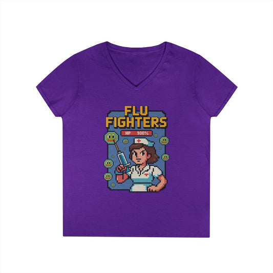 TEEZOCA flu fighters V-Neck T-Shirt with retro pixel nurse design Flu Fighters V-Neck T-Shirt Retro Gamer Nurse Humor Statement Tee | TEEZOCA 