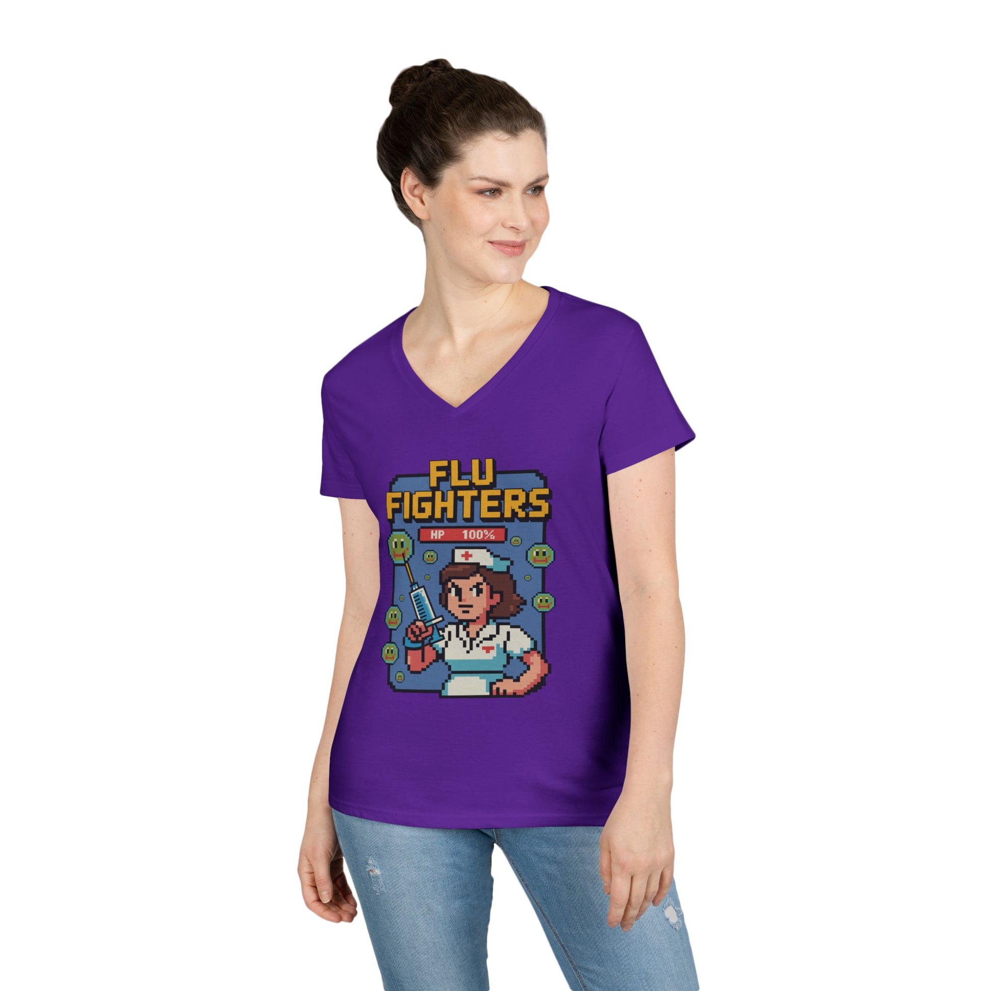 Flu Fighters V-Neck T-Shirt Retro Gamer Nurse Humor Statement Tee | TEEZOCA 