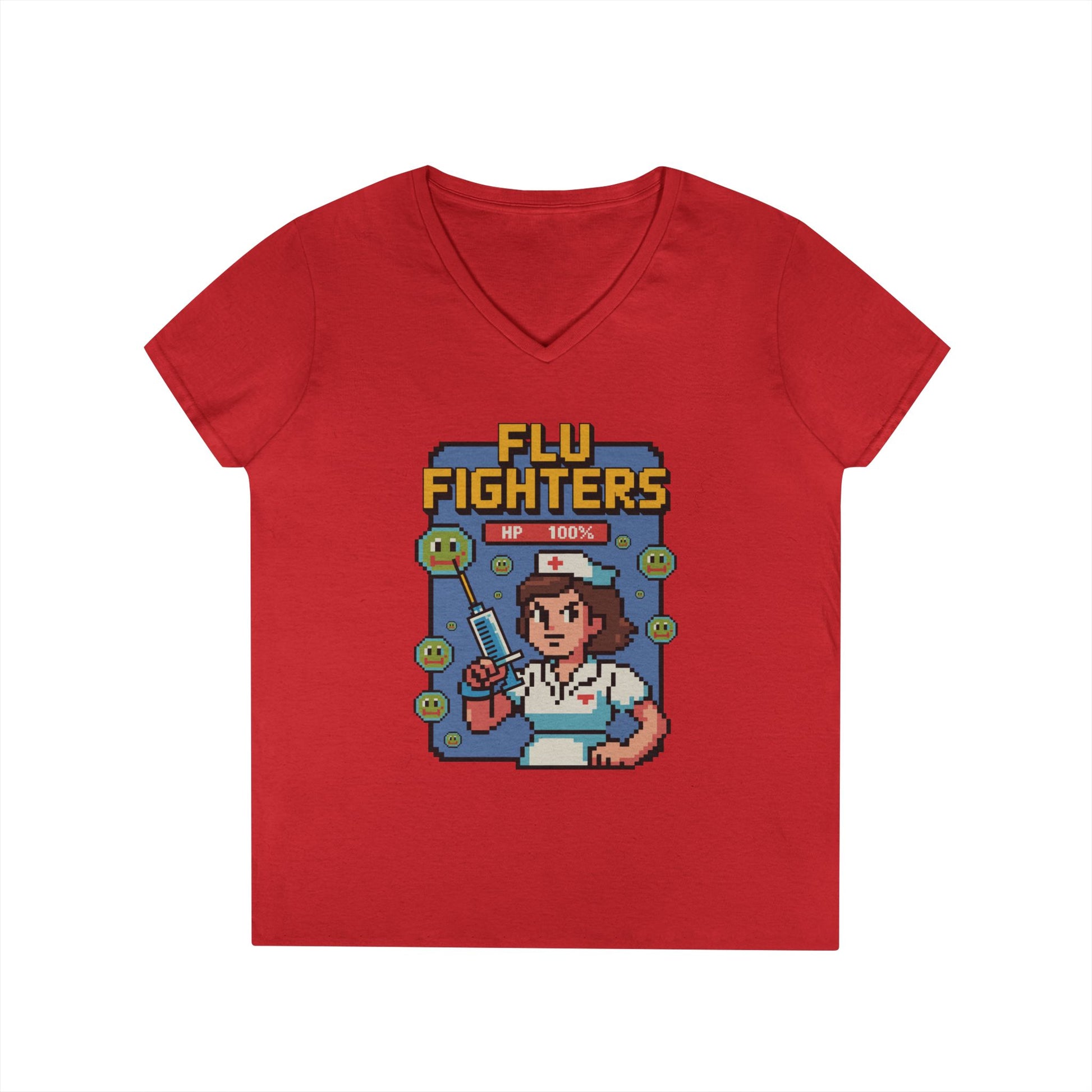 Flu Fighters V-Neck T-Shirt Retro Gamer Nurse Humor Statement Tee | TEEZOCA 