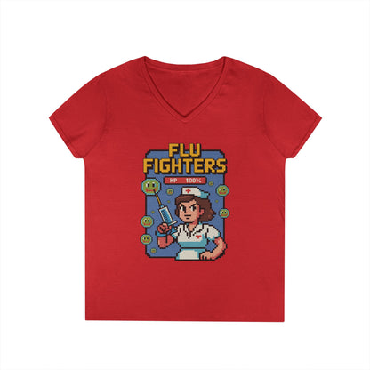 Flu Fighters V-Neck T-Shirt Retro Gamer Nurse Humor Statement Tee | TEEZOCA 