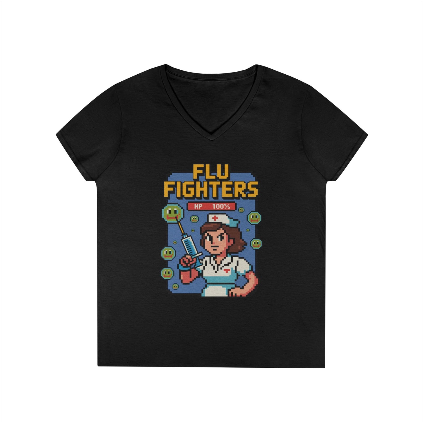 Flu Fighters V-Neck T-Shirt Retro Gamer Nurse Humor Statement Tee | TEEZOCA 